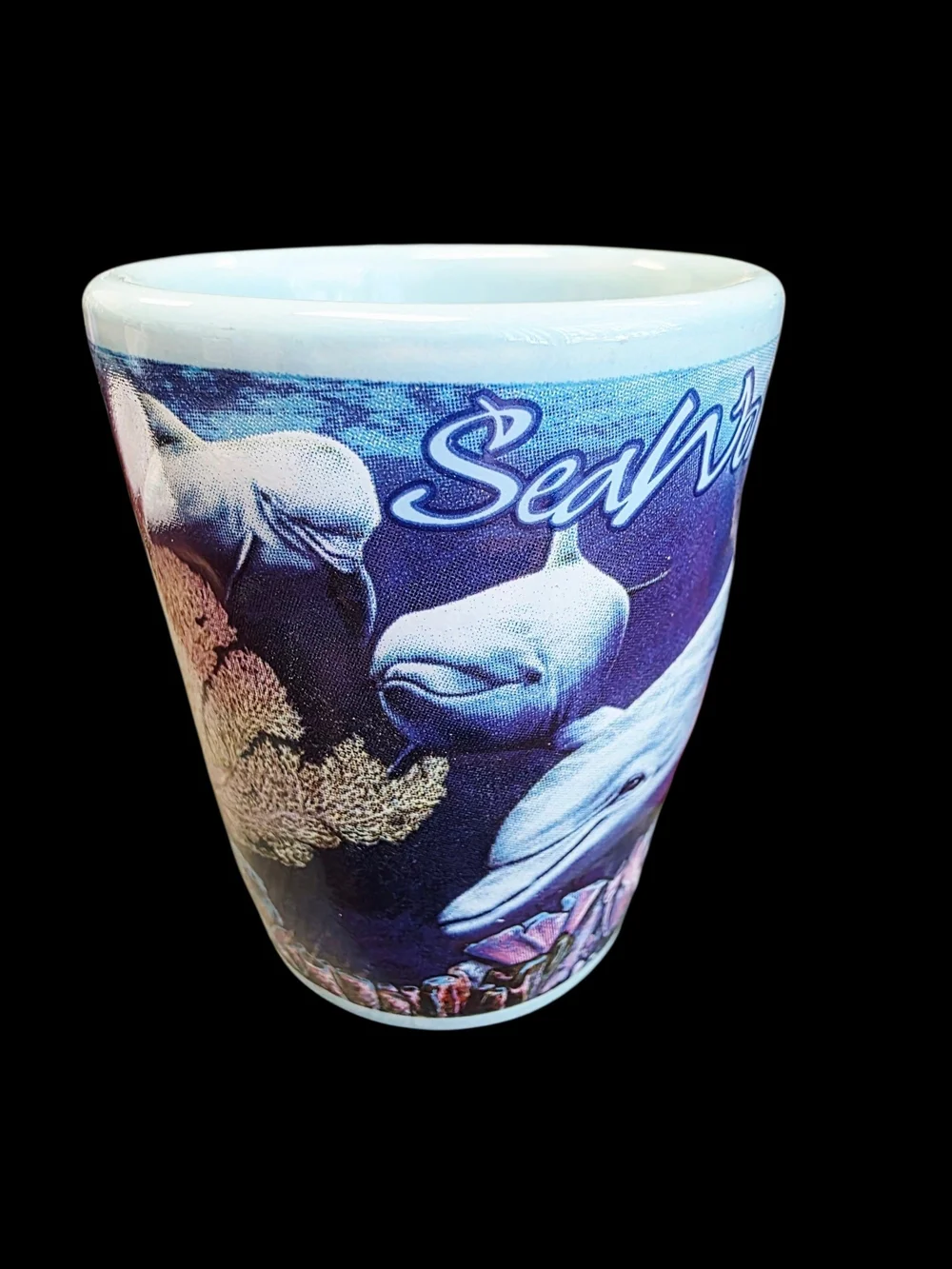 SeaWorld vintage 1994 White Ceramic Shot Glass Orca Whales Souvenir Keepsake